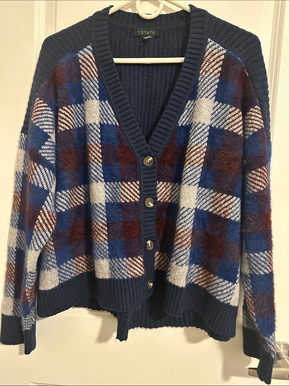 1. State Navy Blue White Brown Plaid Button-Front Cardigan
